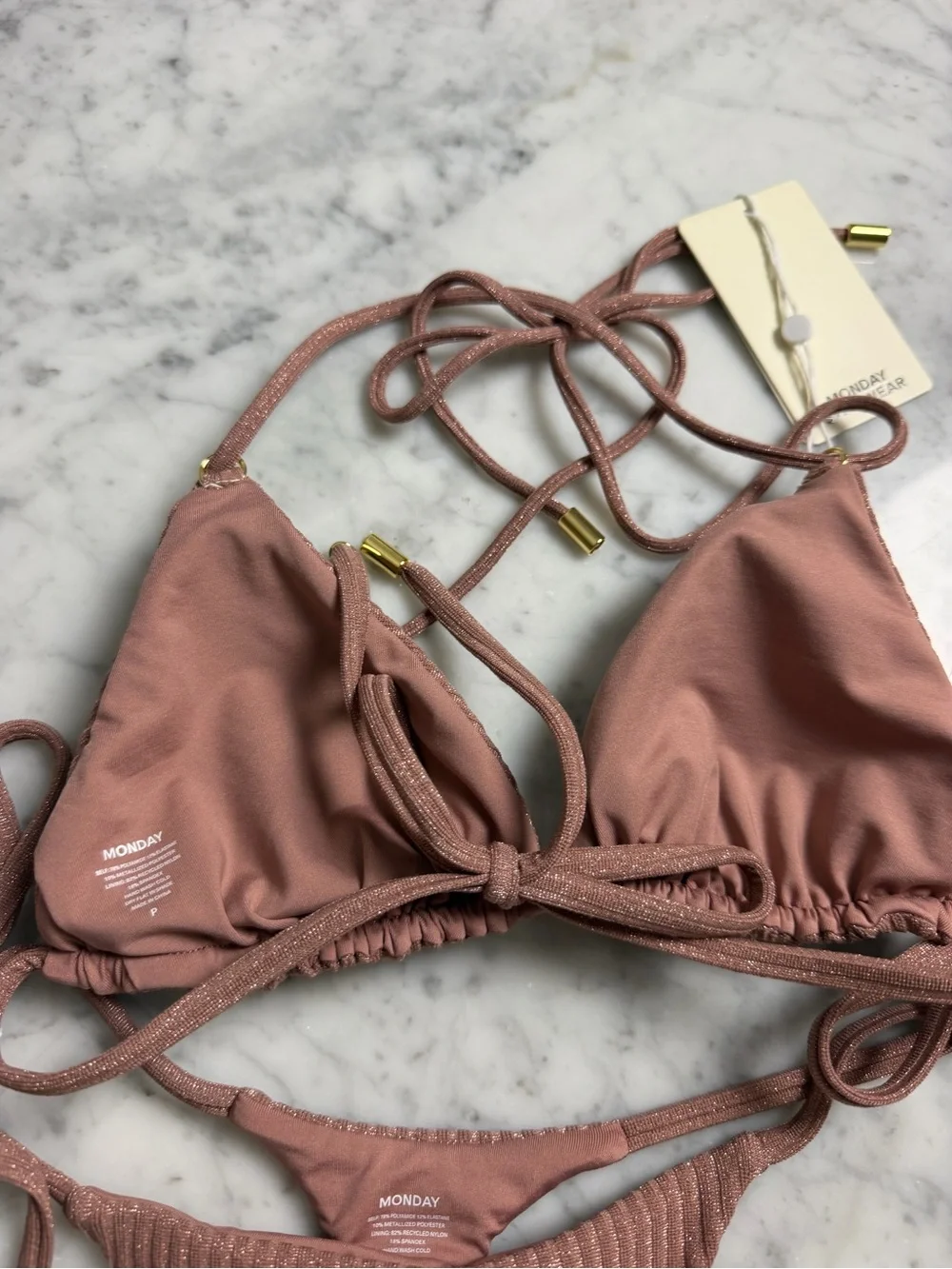 Monday Swimwear Ribbed Mauve Tie Triangle Bikini Set